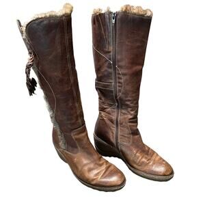 Nine West Women's Brown Leather Fur Accent Knee High Boots Size 38 (US 8) EUC